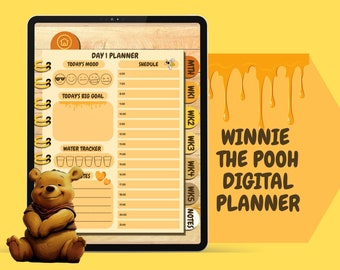 Planificador digital sin fecha con Winnie the Pooh: planificación mensual, semanal y diaria, hipervínculos y sección de notas. Se puede usar para 2026.