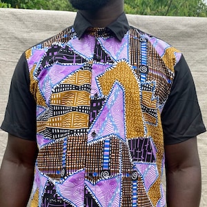 Men&#39;s combination black & purple, gold ankara wax print short sleeve button shirt + front pocket, 100% Cotton, Africa Fashion, Smart Causal