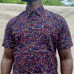 Mens slim fit multicolour dot ankara wax print short sleeve button shirt + front pocket, 100% Cotton, Modern Africa fashion, Smart Causal