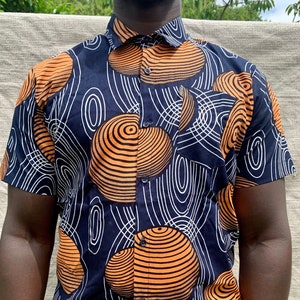 Men&#39;s navy, orange + white ankara wax print short sleeve button shirt & front pocket, 100% Cotton, Modern Africa fashion, Smart Causal SMALL