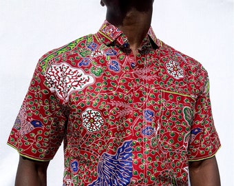 IKAN f&t Red Ankara wax print short sleeve button shirt | 100% Cotton | African clothing | Festival wear | Men's Smart Causal Shirt