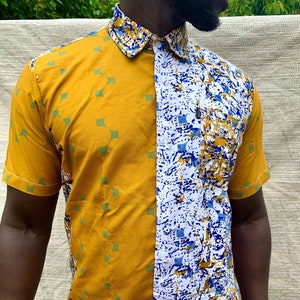 Men&#39;s tailor fit mustard yellow & white wax print short sleeve button shirt + front pocket, 100% Cotton, Smart Causal, Ankara fabric