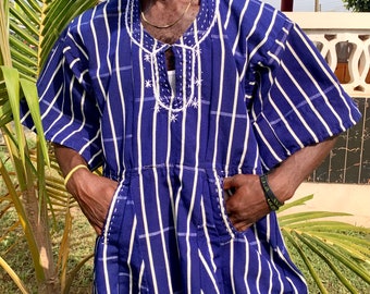 IKAN f&t Handwoven Mens Sleeved African Kente Batakari Fugu Smock Tunic with Hat | 100% Cotton | African Clothing Fashion | One Size: S-XL