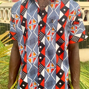 Men&#39;s Super-Soft 100% Cotton Ankara wax print short sleeve button shirt + front pocket, Smart Casual Shirt, Abstract Multicolor Print Design