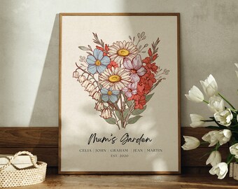 Può includere: Una stampa artistica incorniciata con un'illustrazione botanica colorata di margherite, campanule e fiori rossi. Il testo recita Mum's Garden, seguito dai nomi Celia, John, Graham, Jean, Martin e la data EST. 2020 in un carattere pulito.