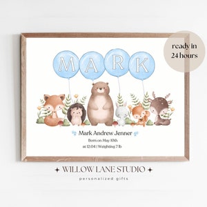 Personalised Animal Forest Balloon Baby Name Gift Nursery New Baby Birth Detail Gift Digital Download New Parents Christening Nursery Decor
