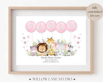 Safari Animals Personalised Balloon Baby Name Gift Print Nursery Decor New Baby Birth Detail Gift Digital Download New Parents Christening