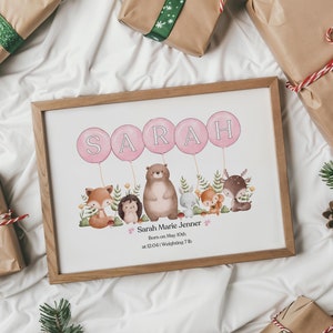 Personalised Animal Forest Balloon Baby Name Gift Nursery New Baby Birth Detail Gift Digital Download New Parents Christening Nursery Decor