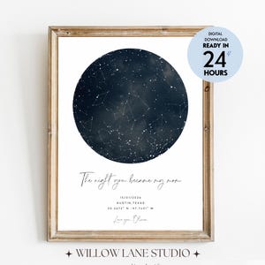 May include: A framed print featuring a dark blue celestial map with white stars. The text "The night you became my mom" is below the map, along with a date, location, and a personal message. The frame is a light brown color.