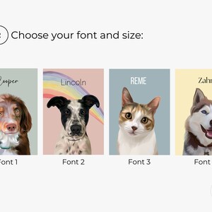 Op de afbeelding: Vier verschillende lettertypen worden getoond met de namen "Cooper", "Lincoln", "REME" en "Zahra" geschreven in elk lettertype. Elke naam wordt weergegeven boven een huisdierportret, waaronder een bruin-witte hond, een zwart-witte hond, een calico-kat en een husky.