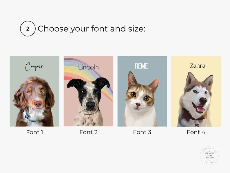 Op de afbeelding: Vier verschillende lettertypen worden getoond met de namen "Cooper", "Lincoln", "REME" en "Zahra" geschreven in elk lettertype. Elke naam wordt weergegeven boven een huisdierportret, waaronder een bruin-witte hond, een zwart-witte hond, een calico-kat en een husky.