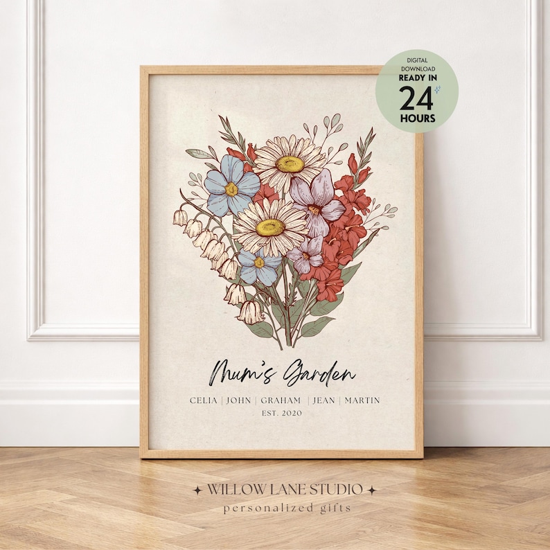 Personalised Mum's Garden birth flower bouquet print in a natural wood frame, featuring hand-drawn daisies, bluebells, lily of the valley and gladiolus in warm vintage tones, with custom family names and established year, digital download wall art by Willow Lane Studio