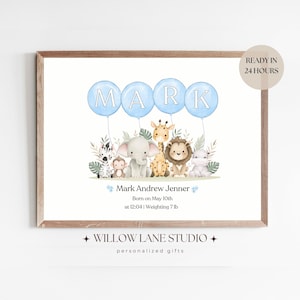 Animaux de safari, ballon personnalisé, nom de bébé, impression, décoration de chambre d'enfant, détail de la naissance, téléchargement numérique, baptême des nouveaux parents