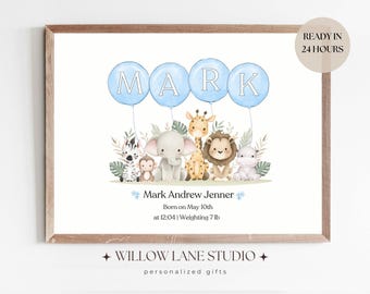 Safari Animals Personalised Balloon Baby Name Gift Print Nursery Decor New Baby Birth Detail Gift Digital Download New Parents Christening