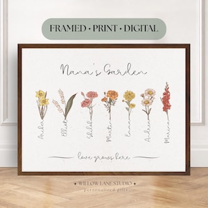Grandma's Garden Mother's Day Gift Personalized Birth Flower with Grandkids Names, Framed Wall Art