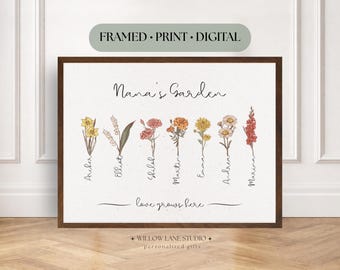 Grandma's Garden Moederdagcadeau gepersonaliseerde geboortebloem met namen kleinkinderen, ingelijste muurkunst
