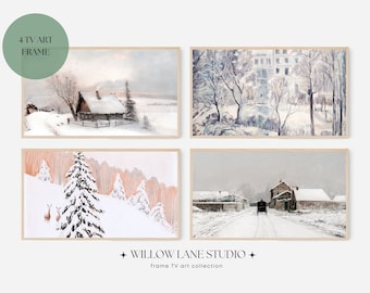 May include: Four framed winter landscape art prints. The images depict snowy scenes with cabins, trees, and a road. The color palette includes white, gray, and muted earth tones. Text on the image reads "4 TV ART FRAME" and "WILLOW LANE STUDIO frame TV art collection."