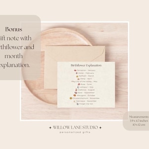 Bonus gift note:
Bonus birth flower gift note card showing a complete birthflower explanation by month from January carnation to December narcissus, displayed on a wooden tray with a kraft envelope, measuring 10 x 12 cm