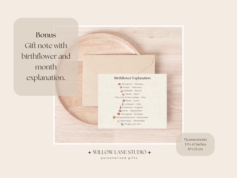 Bonus gift note:
Bonus birth flower gift note card showing a complete birthflower explanation by month from January carnation to December narcissus, displayed on a wooden tray with a kraft envelope, measuring 10 x 12 cm