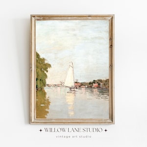Sailboat Lake Landscape Painting | Sailboat and Sky Nursery Wall | Lake Vintage Art Oil | Art Print Beach House