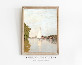Pintura de paisagem de lago com veleiro | Parede de berçário com veleiro e céu | Arte vintage em óleo sobre lago | Impressão artística de casa de praia