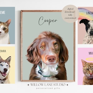 Op de afbeelding: Een digitale download van een gepersonaliseerd huisdierportret. De afbeelding toont vijf verschillende huisdierportretten, waaronder een kat, een hond en een husky. De portretten zijn allemaal in cartoon-stijl en hebben een kleurrijke achtergrond. De tekst "Willow Lane Studio" en "gepersonaliseerde geschenken" staat onderaan de afbeelding.
