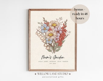 Impression de fleurs de naissance jardin de maman, cadeau personnalisé fête des mères, cadeau de fleurs de naissance fête des mères, art mural bouquet de fleurs de naissance personnalisé