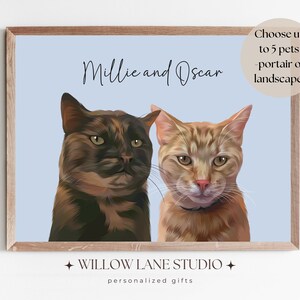 Op de afbeelding: Een digitale illustratie van twee katten, Millie en Oscar, in portretstijl. De katten kijken rechtstreeks naar de kijker. De achtergrond is lichtblauw. De tekst "WILLOW LANE STUDIO" en "gepersonaliseerde geschenken" staat onderaan de afbeelding.