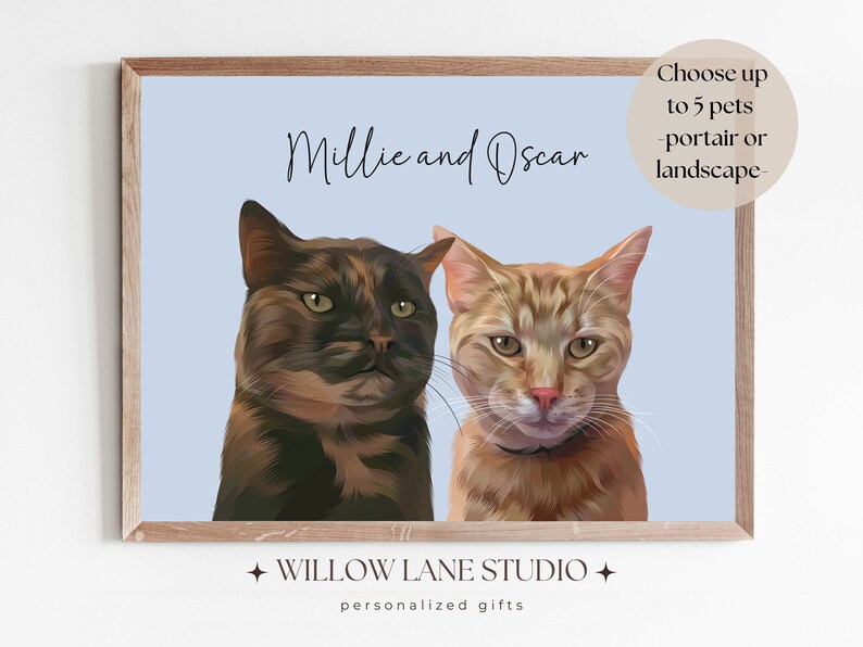 Op de afbeelding: Een digitale illustratie van twee katten, Millie en Oscar, in portretstijl. De katten kijken rechtstreeks naar de kijker. De achtergrond is lichtblauw. De tekst "WILLOW LANE STUDIO" en "gepersonaliseerde geschenken" staat onderaan de afbeelding.