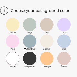 Op de afbeelding: Een selectie van 12 achtergrondkleuropties voor een ontwerp project. De kleuren omvatten geel, salie, haver, lila, roze, gedempt blauw, jasmijn, blauw, wit, donkergrijs, oranje en vrede.