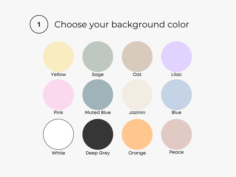 Op de afbeelding: Een selectie van 12 achtergrondkleuropties voor een ontwerp project. De kleuren omvatten geel, salie, haver, lila, roze, gedempt blauw, jasmijn, blauw, wit, donkergrijs, oranje en vrede.