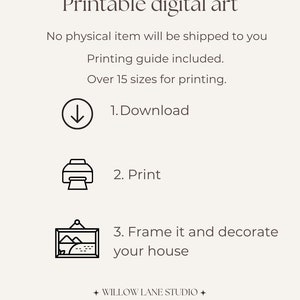 Pode incluir: Instru&ccedil;&otilde;es para arte digital imprim&iacute;vel. Baixe, imprima, enquadre e decore sua casa. Mais de 15 tamanhos para impress&atilde;o. Guia de impress&atilde;o inclu&iacute;do. WILLOW LANE STUDIO + est&uacute;dio de arte vintage
