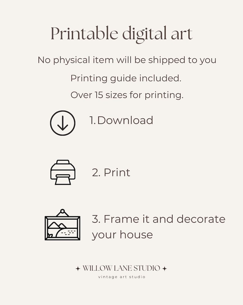 Pode incluir: Instru&ccedil;&otilde;es para arte digital imprim&iacute;vel. Baixe, imprima, enquadre e decore sua casa. Mais de 15 tamanhos para impress&atilde;o. Guia de impress&atilde;o inclu&iacute;do. WILLOW LANE STUDIO + est&uacute;dio de arte vintage