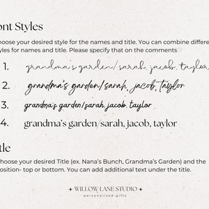 Font styles guide:
Infographic showing four handwritten and serif font style options for personalising the title and names on a custom family birth flower bouquet print, with examples showing Grandma's Garden and children's names in each style