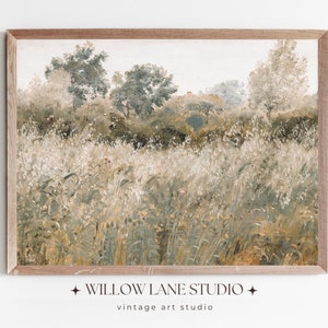Muted Wildflower Field Vintage | Vintage Printable Meadow Landscape Art | Cottage Vintage Art Download |  Sage Green Wall Art