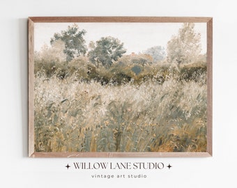 Campo de flores silvestres vintage suave | Arte de paisagem de prado vintage para impressão | Download de arte vintage de chalé | Arte de parede verde-sálvia