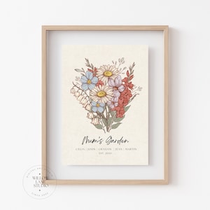 Clean white mat frame:
Personalised Mum's Garden birth flower bouquet print displayed in a natural wood mat frame on a white wall, hand-drawn botanical illustration with daisies, bluebells, lily of the valley and gladiolus, custom family names and established year