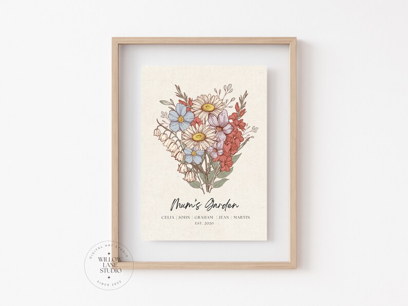 Clean white mat frame:
Personalised Mum's Garden birth flower bouquet print displayed in a natural wood mat frame on a white wall, hand-drawn botanical illustration with daisies, bluebells, lily of the valley and gladiolus, custom family names and established year