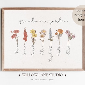 Mother's Day Gift for Grandma, Grandma's Garden Birth Flower Personalized Gift, Birth Flowers Gift for Grandma, Birth flower art for mom