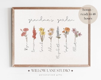 Moederdagcadeau voor oma, oma's tuin geboortebloem gepersonaliseerd cadeau, geboorte bloemen cadeau voor oma, geboortebloemkunst voor moeder