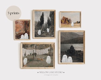 Juego de 5 impresiones de arte de pared vintage con lindos fantasmas / Paquete de 5 paisajes vintage con lindos fantasmas / Impresión artística de fantasmas / Halloween imprimible espeluznante vintage