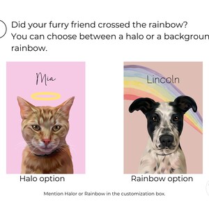 Op de afbeelding: Twee huisdierportretten, een van een kat met een halo en de andere van een hond met een regenboogachtergrond. De kat is oranje en wit en de hond is zwart en wit. De tekst "Mia" staat boven de kat en "Lincoln" boven de hond. De tekst "Halo-optie" staat onder de kat en "Regenboog-optie" onder de hond.