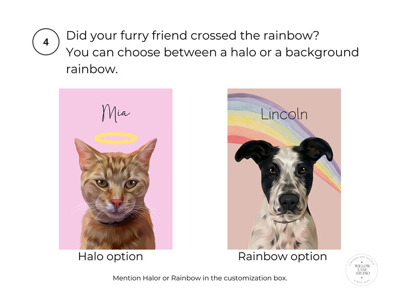 Op de afbeelding: Twee huisdierportretten, een van een kat met een halo en de andere van een hond met een regenboogachtergrond. De kat is oranje en wit en de hond is zwart en wit. De tekst "Mia" staat boven de kat en "Lincoln" boven de hond. De tekst "Halo-optie" staat onder de kat en "Regenboog-optie" onder de hond.