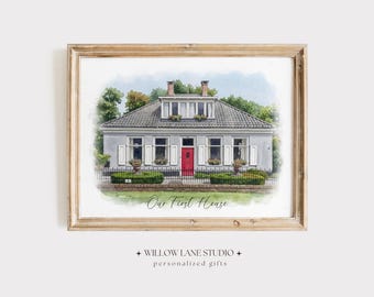 Retrato de casa en acuarela, regalo para inauguración de casa; regalo para agente inmobiliario; pintura personalizada de retrato de casa; letrero "Nuestra primera casa", regalo de Navidad.
