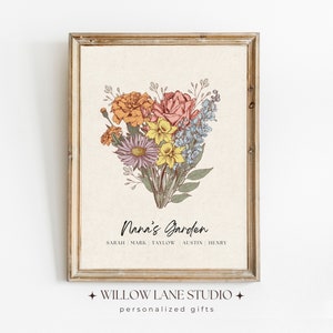 Nana's Garden variation:
Personalised Nana's Garden family birth flower bouquet print in a distressed gold frame, hand-drawn botanical illustration featuring marigold, rose, daffodil, aster and forget me not in warm vintage tones, custom grandchildren's names