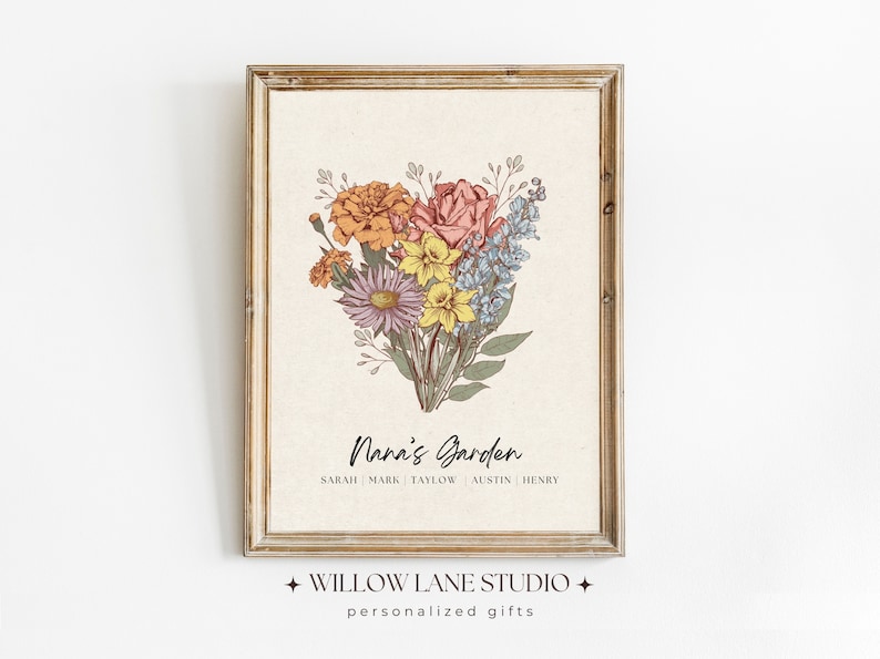 Nana's Garden variation:
Personalised Nana's Garden family birth flower bouquet print in a distressed gold frame, hand-drawn botanical illustration featuring marigold, rose, daffodil, aster and forget me not in warm vintage tones, custom grandchildren's names