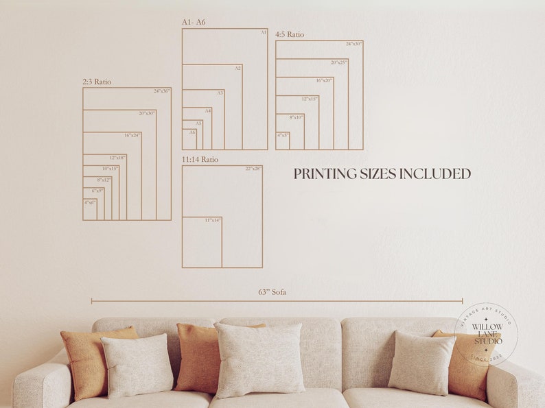 Pode incluir: Um diagrama mostrando diferentes tamanhos de impress&atilde;o em polegadas para v&aacute;rias propor&ccedil;&otilde;es, incluindo 2:3, 4:5 e 11:14. O texto "PRINTING SIZES INCLUDED" tamb&eacute;m &eacute; vis&iacute;vel. Um sof&aacute; de 63 polegadas &eacute; mostrado na parte inferior da imagem.