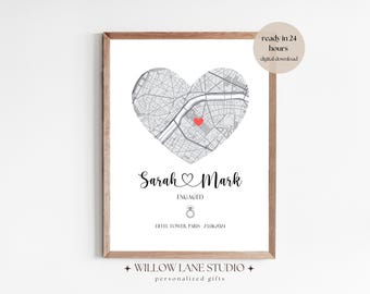 Personalized Engagement Map Print Custom Couples Gift Wedding Anniversary & Engagement Gift She Said Yes Marriage Print Engagement Gifts