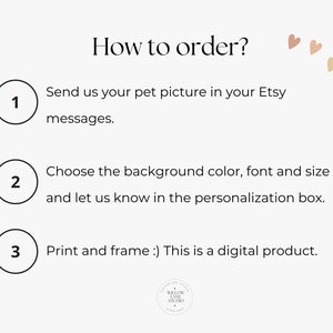 Op de afbeelding: Hoe bestel je een gepersonaliseerd huisdierportret: 1. Stuur een foto van je huisdier in een Etsy-bericht. 2. Kies de achtergrondkleur, het lettertype en de grootte in het personalisatievak. 3. Print en lijst het digitale product.