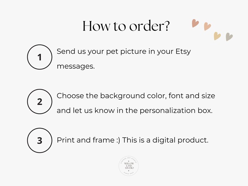 Op de afbeelding: Hoe bestel je een gepersonaliseerd huisdierportret: 1. Stuur een foto van je huisdier in een Etsy-bericht. 2. Kies de achtergrondkleur, het lettertype en de grootte in het personalisatievak. 3. Print en lijst het digitale product.